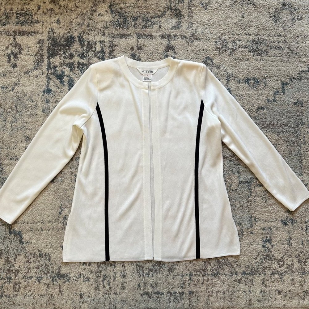 Exclusively Misook | White Black Stripe Open Front Knit Blazer Jacket Medium M